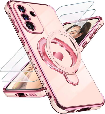 for Samsung Galaxy A37 5G Cute Love Heart Kickstand Woman Girls Phone Case with Screen Protector: Luxury Plated Gold Edge Slim Soft TPU Full Camera Protection Case Cover for A37 5G (Pink) in Saudi Arabia