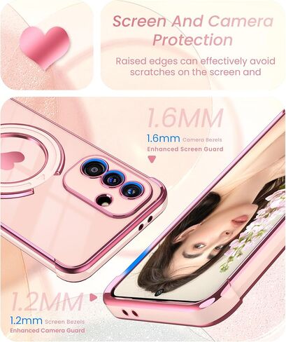 for Samsung Galaxy A37 5G Cute Love Heart Kickstand Woman Girls Phone Case with Screen Protector: Luxury Plated Gold Edge Slim Soft TPU Full Camera Protection Case Cover for A37 5G (Pink) in Saudi Arabia