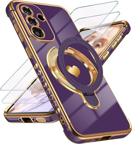 for Samsung Galaxy A37 5G Cute Love Heart Kickstand Woman Girls Phone Case with Screen Protector: Luxury Plated Gold Edge Slim Soft TPU Full Camera Protection Case Cover for A37 5G (Pink) in Saudi Arabia