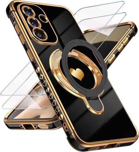for Samsung Galaxy A37 5G Cute Love Heart Kickstand Woman Girls Phone Case with Screen Protector: Luxury Plated Gold Edge Slim Soft TPU Full Camera Protection Case Cover for A37 5G (Pink) in Saudi Arabia