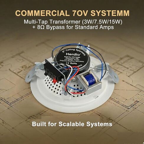 Herdio 6 Inch 70V Commercial Ceiling Speakers, High-Fidelity Audio, Effortless Installation, Wide Sound Coverage, Ideal for Restaurants, Offices and Commercial Spaces (White, 4-Pack) in Saudi Arabia