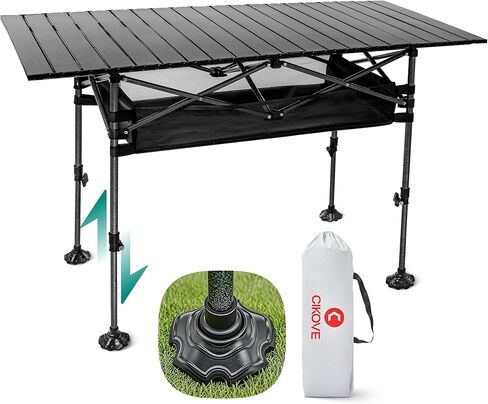 Height Adjustable Camping Table Tall Large Outdoor Folding Camping Table with Wide-Base Anti-Sink Legs & Carry Bag for Camping BBQ Beach Backyard (Black) in Saudi Arabia