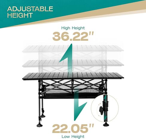 Height Adjustable Camping Table Tall Large Outdoor Folding Camping Table with Wide-Base Anti-Sink Legs & Carry Bag for Camping BBQ Beach Backyard (Black) in Saudi Arabia