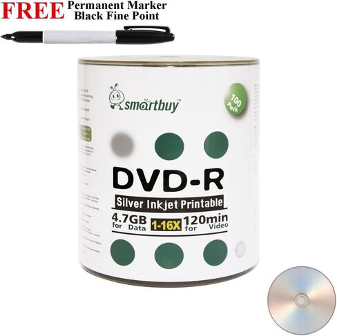 Smartbuy 100-disc 4.7GB/120min 16x DVD-R Silver Inkjet Hub قابل للطباعة قرص وسائط فارغ + علامة سوداء دائمة in Saudi Arabia