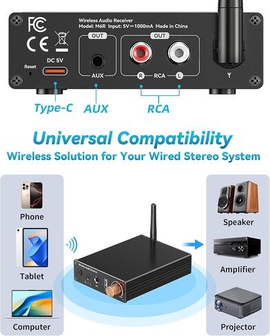 Bluetooth 6.0 Receiver, Hi-Fi Adapter with Wireless Long-Range Low-Latency, Suitable for Home Audio Music Streaming Stereo Systems/Home Speakers, Featuring AUX 3.5mm/RCA, USB Playback in Saudi Arabia