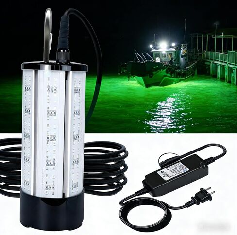 Underwater Fishing Light 60W 7500LM, 530nm Green Submersible Fish Attractant Light with 30FT Cord, 100–240V AC to 12V DC Adapter, Alligator Clip Cable, 40FT Safety Cable, for Night Fishing, Dock, Boat in Saudi Arabia