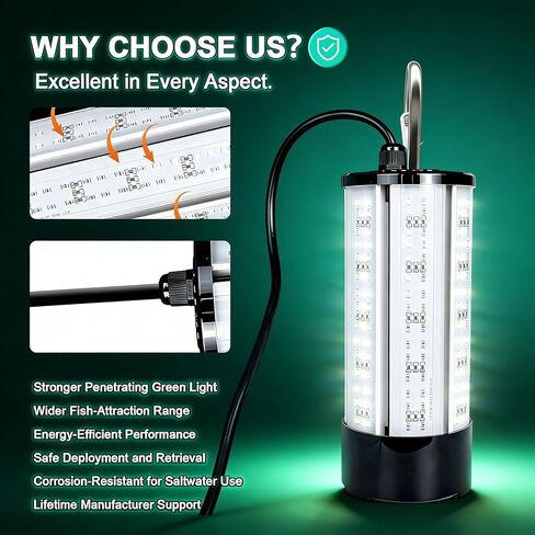 Underwater Fishing Light 60W 7500LM, 530nm Green Submersible Fish Attractant Light with 30FT Cord, 100–240V AC to 12V DC Adapter, Alligator Clip Cable, 40FT Safety Cable, for Night Fishing, Dock, Boat in Saudi Arabia