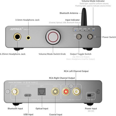 AIYIMA DAC A7 Mini Desktop Bluetooth DAC، USB C محول صوت رقمي إلى تناظري لمضخم صوت استريو منزلي، 3.5 ملم | مقابس سماعة رأس مزدوجة مقاس 6.35 ملم، ومدخل بصري/محوري، ومخرج RCA in Kuwait