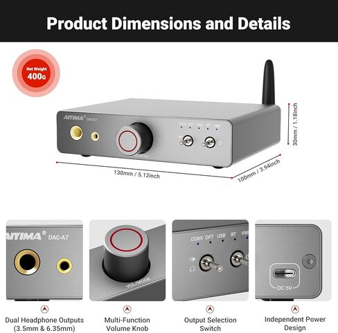 AIYIMA DAC A7 Mini Desktop Bluetooth DAC، USB C محول صوت رقمي إلى تناظري لمضخم صوت استريو منزلي، 3.5 ملم | مقابس سماعة رأس مزدوجة مقاس 6.35 ملم، ومدخل بصري/محوري، ومخرج RCA in Kuwait