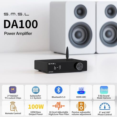SMSL DA100 مضخم طاقة 100 وات TI TAS5827 *2 مضخم صوت من الفئة D عالي/منخفض التمرير 2.1 مضخم صوت بلوتوث 5.3 تحكم إلكتروني في مستوى الصوت ستيريو أمبير EQ تعديل BT/USB/HDMI(ARC)/بصري/خط دخل in Saudi Arabia