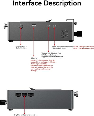 قاعدة شحن AOOSTAR AG03EGU مع PSU بقدرة 800 وات، وOCuLink+2*TB5(منافذ شحن PD 100/140W وTGX Hot Swap، تدعم ما يصل إلى 500WEGU. متوافقة مع أجهزة الكمبيوتر المحمولة والأجهزة التي تعمل بنظام التشغيل Windows 11 Thunderbolt 4/5/وUSB 4/4 V2 in Saudi Arabia
