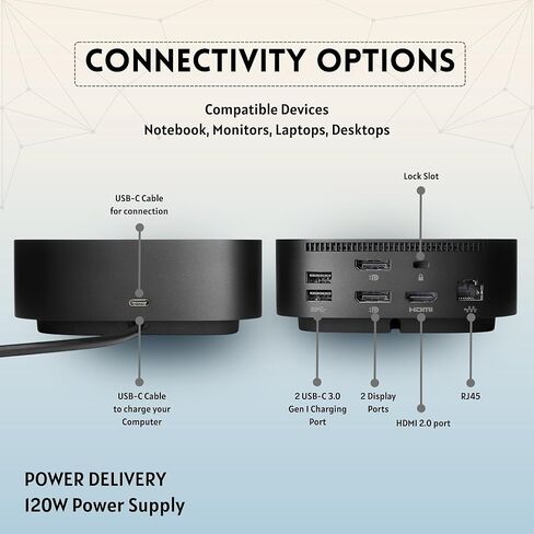 محطة إرساء HP 5TW10AA بقدرة 120 وات لأجهزة الكمبيوتر المحمول ذات الشاشة المزدوجة USB-C G5 مع HDMI ومنفذ DisplayPort وكابلات USB-C (جديدة) in Kuwait