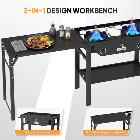 ROVSUN 2 Burner Outdoor Propane Gas Stove with Foldable Work Station, Auto-ignition & Regulator, 150,000 BTU Powerful Camping Burner with Portable Wheels for Backyard Patio Cooking Brewing Frying in Saudi Arabia