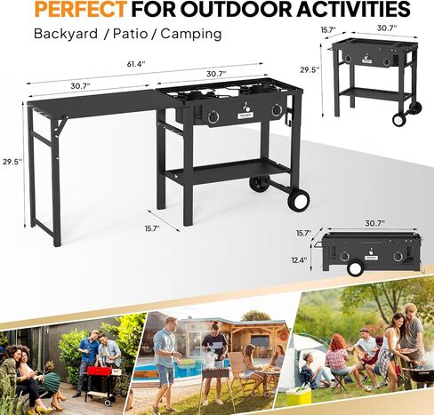 ROVSUN 2 Burner Outdoor Propane Gas Stove with Foldable Work Station, Auto-ignition & Regulator, 150,000 BTU Powerful Camping Burner with Portable Wheels for Backyard Patio Cooking Brewing Frying in Saudi Arabia