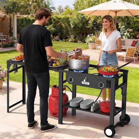 ROVSUN 2 Burner Outdoor Propane Gas Stove with Foldable Work Station, Auto-ignition & Regulator, 150,000 BTU Powerful Camping Burner with Portable Wheels for Backyard Patio Cooking Brewing Frying in Saudi Arabia