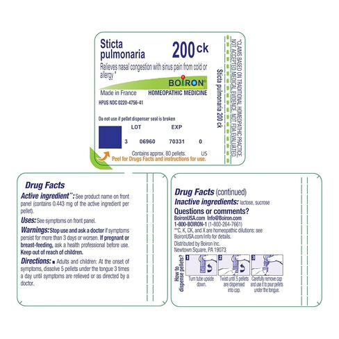 Boiron Sticta Pulmonaria 200Ck Md 80 Pellets for Nasal Congestion with Sinus Pain from Cold or Allergy in Saudi Arabia
