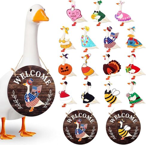 16 Pcs Porch Goose Welcome Sign Interchangeable Seasonal St. Patrick's Day Holiday Goose Sign with Wooden Geese Magnetic for 23" Cement Plastic Porch Outdoor Statue(Brown,Oval) in Saudi Arabia