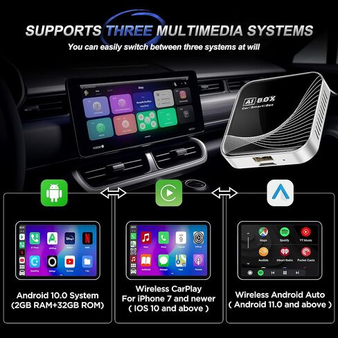 محول CarPlay لاسلكي 3 في 1 ومحول Android Auto اللاسلكي، التوصيل والتشغيل، إعداد سهل، يدعم Netflix، YouTube، بطاقة TF، والمزيد للسيارات المزودة بـ OEM Wired CarPlay/Android Auto in Kuwait