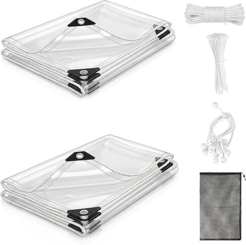 Tarp 2m x 2m 2PCS Heavy Duty 240GSM Transparent PVC Tarpaulin, Waterproof UV Resistant Clear Tarp with Reinforced Grommets, Rope, Bungee Cords & Straps for Patio, Pergola, Garden, Dog Houses in Saudi Arabia