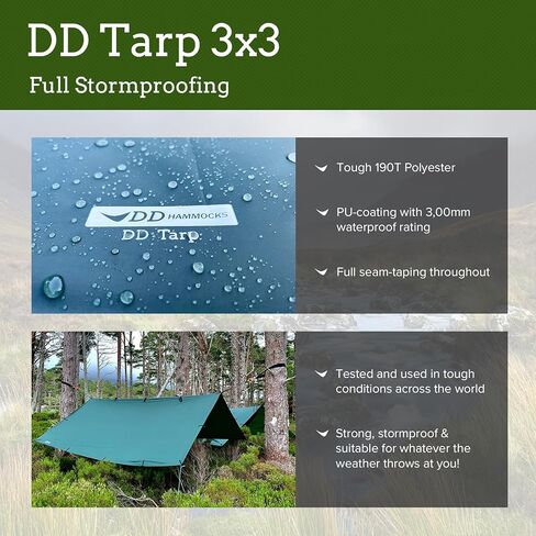 أرجوحات DD - قماش القنب DD 3x3 - أسود داكن (10 أقدام × 10 أقدام) - مقاوم للماء بنسبة 100% - مأوى خفيف الوزن ومتعدد الوظائف لخيمة ذبابة المطر من أجل صناعة الأشجار والتخييم in Kuwait