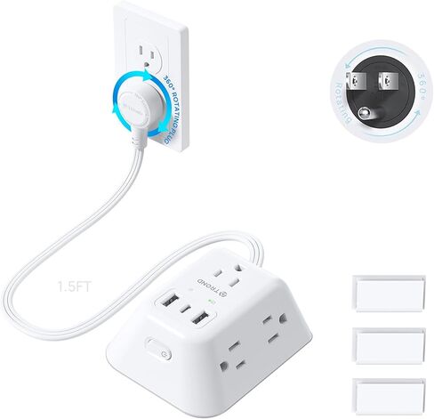 TROND 360° Rotating Plug Power Strip, 3FT Short Extension Cord with Multiple Outlets and 3 USB Ports, 1440 Joules Wall Mount Surge Protector for Bedroom Kitchen Office Dorm Room, White in Saudi Arabia