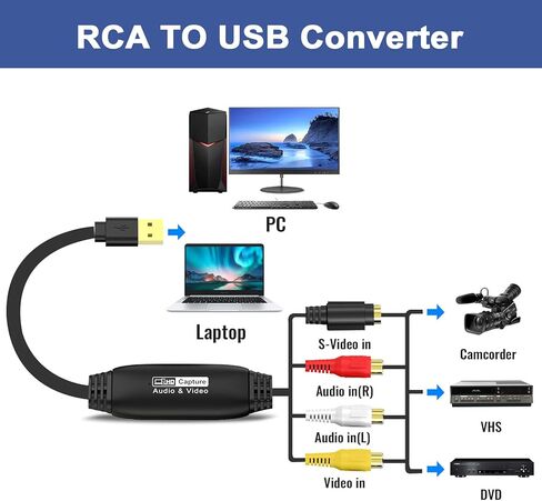 VHS إلى محول رقمي 1080P، RCA إلى بطاقة التقاط USB، التقاط الفيديو - تحويل VHS VCR Hi8 إلى محول فيديو رقمي لنظام التشغيل Mac OS، Windows 7 8 10 11، متوافق مع كاميرا الفيديو والكمبيوتر الشخصي in Kuwait