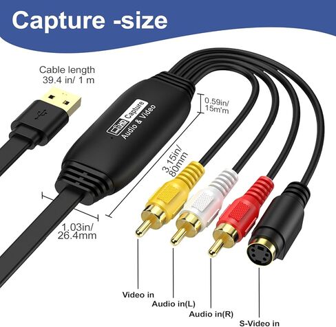 VHS إلى محول رقمي 1080P، RCA إلى بطاقة التقاط USB، التقاط الفيديو - تحويل VHS VCR Hi8 إلى محول فيديو رقمي لنظام التشغيل Mac OS، Windows 7 8 10 11، متوافق مع كاميرا الفيديو والكمبيوتر الشخصي in Kuwait