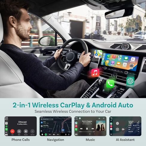 OTTOCAST Mini Nova، 2 في 1 الجيل الجديد من Carplay اللاسلكي ومحول Android التلقائي، التوصيل والتشغيل، دونجل USB لإعادة الاتصال التلقائي، متوافق مع OEM السلكية Carplay/Android Auto Cars in Kuwait
