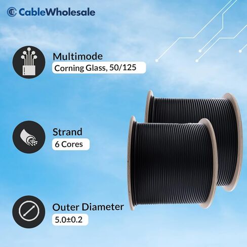 CableWholesale 1000ft Black 6-Strand Fiber Optic Cable Multimode 50/125 OM3، تصنيف كامل، داخلي / خارجي، حجب المياه، سترة PVC - شبكات عالية السرعة in Saudi Arabia