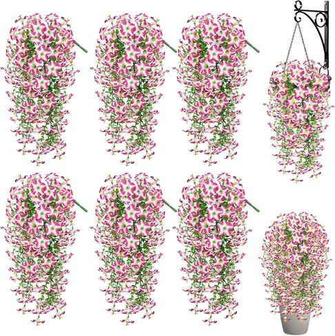 Artificial Flowers for Outdoors, 6PCS Fake Artificial Morning Glory Flowers, UV Resistant Hanging Morning Glory Vine, Realistic Faux Flower for Spring Garden Porches Home Decor (Purple + Fuchsia) in Saudi Arabia