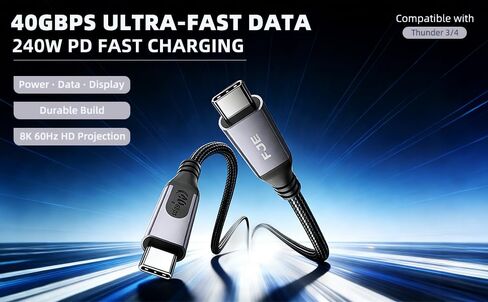 240W Thunderbolt 4 Cable 3.3ft 40Gbps Data Transfer and Single 8K/Dual 4K Video Compatible with Hub, Docking Stations-Black Compatible for MacBook, SSD, iPhone 16/15, Docking, eGPU, in Saudi Arabia