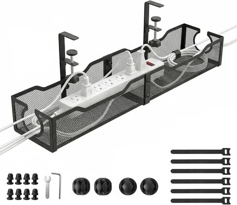 Upgraded 25.2'' Under Desk Cable Management Tray, No Drill Clamp-On Design Wire Organizer, Cable Organization Box for No Damage to Desk, Metal Cord Organizer for Home Office, White in Saudi Arabia