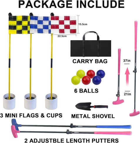 Golf Flagstick Mini, Putting Green Flag for Yard Beach Low Tide Play, All 3 Feet, Golf Pin Flag Hole Cup Set, 2 Adjustable Putters, 3 Flags & Hole Cups, 6 Balls, Carry Bag& Shovel, Ideal Gifts in Saudi Arabia
