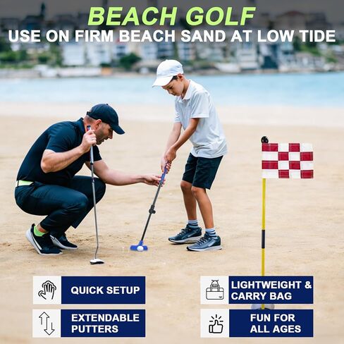 Golf Flagstick Mini, Putting Green Flag for Yard Beach Low Tide Play, All 3 Feet, Golf Pin Flag Hole Cup Set, 2 Adjustable Putters, 3 Flags & Hole Cups, 6 Balls, Carry Bag& Shovel, Ideal Gifts in Saudi Arabia