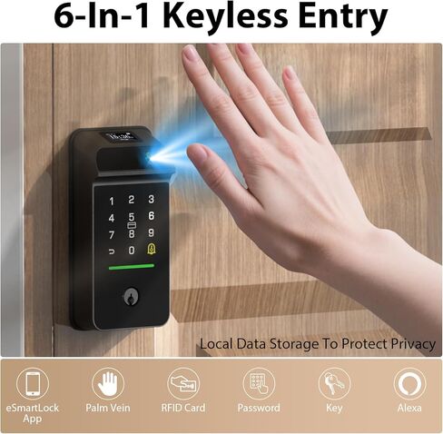 Keyless Entry Door Lock Palm Vein, Bestkid Smart Lock for Front Door with Wireless Doorbell Built-in WiFi, Biometric Deadbolt App Remote Alexa Control Auto Lock Rechargeable Battery in Saudi Arabia