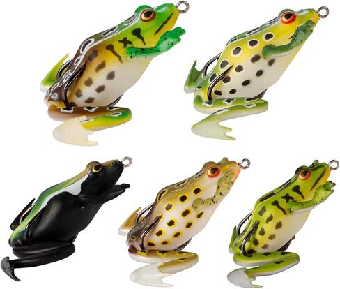 Topwater Frog Lures 5 Pack - Weedless Hollow Body Frog for Bass & Snakehead Fishing, Lifelike Action with Double Hooks for Topwater Strikes in Saudi Arabia