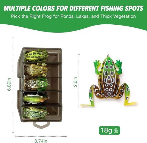 Topwater Frog Lures 5 Pack - Weedless Hollow Body Frog for Bass & Snakehead Fishing, Lifelike Action with Double Hooks for Topwater Strikes in Saudi Arabia