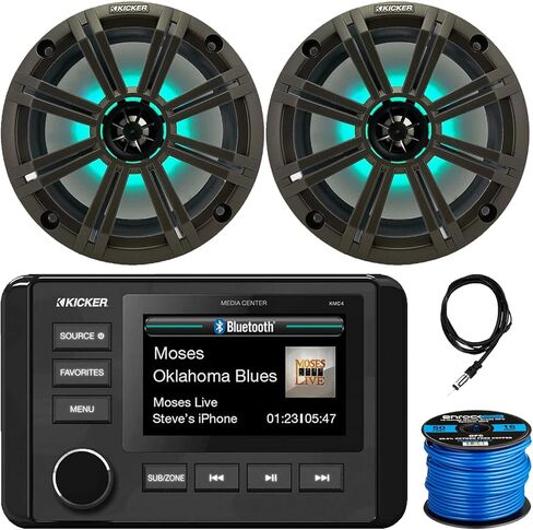 Kicker 51KMC4 3" LCD Marine Bluetooth Weather-Resistant Gauge-Style AM/FM WB/USB/AUX Media Center Receiver, 2X 8 300W Max Power RGB LED Boat Speakers W/Charcoal Grille, Radio Antenna, Speaker Wire in Saudi Arabia