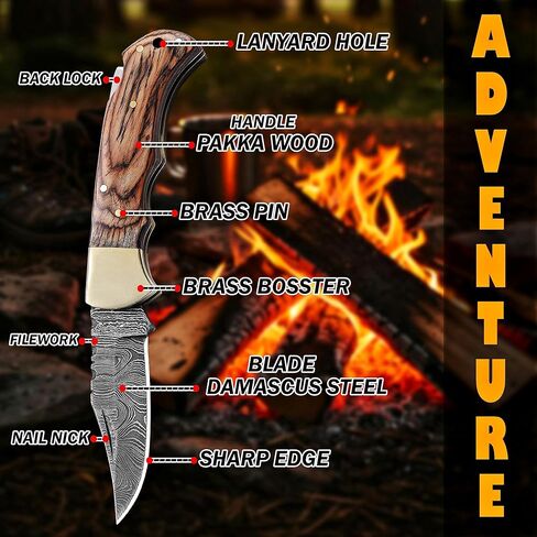 6.5 inch Damascus Pocket Knife with Sheath, Handmade Folding Pocket Knife for Men, Brown Wooden Handle with Brass Bolster, Secure Lock Back Camping Knife for EDC,Hunting,Hiking in Saudi Arabia