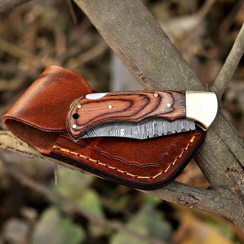 6.5 inch Damascus Pocket Knife with Sheath, Handmade Folding Pocket Knife for Men, Brown Wooden Handle with Brass Bolster, Secure Lock Back Camping Knife for EDC,Hunting,Hiking in Saudi Arabia