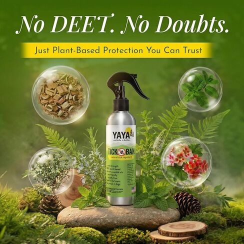 YAYA ORGANICS Tick Ban DEET-Free Mist Spray - Made in USA - All Natural Extra Strength Tick Repellent Spray Made with Essential Oils - Safe for Kids & Dogs (8 Ounce) in Saudi Arabia
