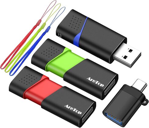 محرك أقراص فلاش AreTop سعة 16 جيجابايت 3 حزم مع محول من النوع C، محرك أقراص USB 2.0 قابل للسحب، محرك أقراص USB متعدد الألوان لتخزين التاريخ، محركات أقراص عالية السرعة مع مؤشر LED، 16 جيجابايت 3 حزم (أحمر، أخضر، أزرق) in Kuwait
