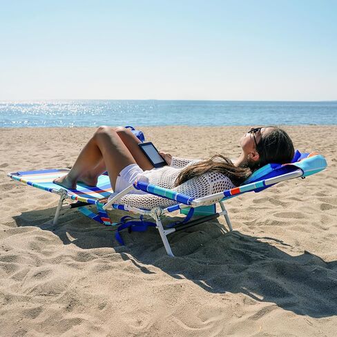 Tommy Bahama Read Through Backpack Beach Lounge Chair with Pillow, Arms, and Cup Holder, Multi-Position Adjustable Folding Outdoor Chaise Lounger, Multicolor in Saudi Arabia