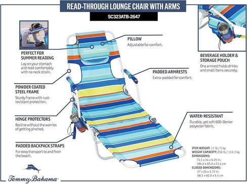Tommy Bahama Read Through Backpack Beach Lounge Chair with Pillow, Arms, and Cup Holder, Multi-Position Adjustable Folding Outdoor Chaise Lounger, Multicolor in Saudi Arabia