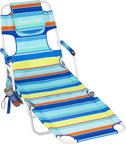 Tommy Bahama Read Through Backpack Beach Lounge Chair with Pillow, Arms, and Cup Holder, Multi-Position Adjustable Folding Outdoor Chaise Lounger, Multicolor in Saudi Arabia