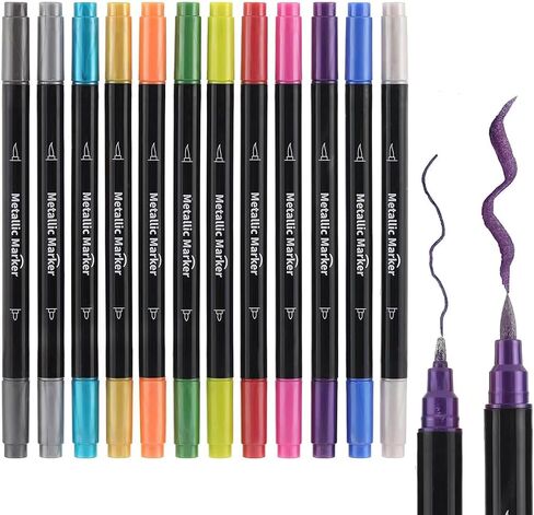 Metallic Marker Pens - Dual Tip Brush and Fine Point Pens for DIY Album, Black Cards, Rock Painting, Card Making, Scrapbooking, Fabric, Metal, Ceramics, Wine Glass, Set of 12 in Saudi Arabia