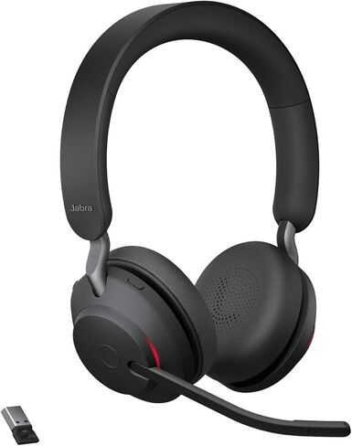 Jabra Evolve2 65 Bluetooth Wireless Headset with Mic for Calls and Music, Dual-Ear Headphones with USB-A Adapter, Up to 37 Hours Battery, Noise-Cancelling, Works with Online Meeting Apps, Black (193) in Saudi Arabia