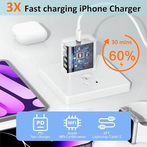 iPhone Fast Charger, iPhone Charger Fast Charging 2Pack PD 6FT Type C Quick USB C to Lightning Cable Cord Fast Charger iPhoneUSB C Wall Block Plug for iPhone14 13 12 11 Pro Max XR XS X, iPad, AirPods in Kuwait