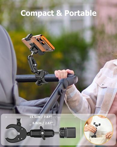 Stroller Phone Holder for Baby Pram - [360° Metal Arm & Super Stable] Buggy Phone Mount, Handlebar Bar Pole Rod Tube Clamp for All Phones, iPhone 17 16 Pro Max Plus, Galaxy S26 S25, Pixel in Saudi Arabia