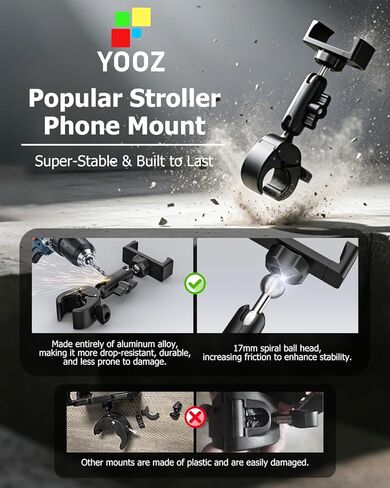 Stroller Phone Holder for Baby Pram - [360° Metal Arm & Super Stable] Buggy Phone Mount, Handlebar Bar Pole Rod Tube Clamp for All Phones, iPhone 17 16 Pro Max Plus, Galaxy S26 S25, Pixel in Saudi Arabia